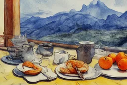 breakfast on a table on the terrace (orange juice, coffee in a cup, fruit, pastries), view of the mountains in the distance, Jean-Baptiste Monge style, surreal, a masterpiece, razor-sharp focus, dynamic lighting, watercolor and ink concept art extremely detailed psychedelic 8k beautiful high detail high definition colourful matte background Michelangelo Van Gogh colorful dramatic lighting fine art reflections whimsical National Geographic photography Alexander Archipenko Romantic Impressionism