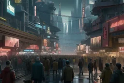 photograph of a downtown area in a cyberpunk city with crowd