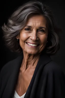 Portrait of a 60 year old Olive skinned woman, dark hair with hints of grey, happy expression