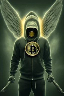 running berserker portrait , no face, black jogging suite , in the night Alps , holding bitcoin , angels background, volumetric gold light, high detail, dark leaf tree, dark mountains in background, perfect