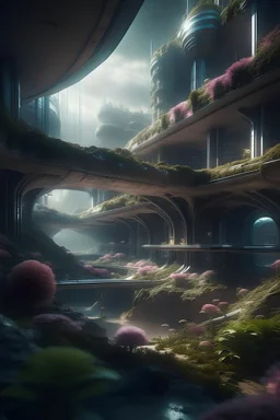 Une ville moderne futurist fleurie dans une grotte en format portrait