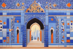 a gothic_arab gate in a blue-tiled wall in futurism stye by artist "Gino Severini",by artist "Marianne von Werefkin"