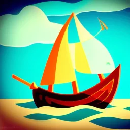 Small wooden ship, with bright sails, Legend Of Zelda: Wind Waker style, on a vast ocean, stylized, colorful, adventurous, full view.