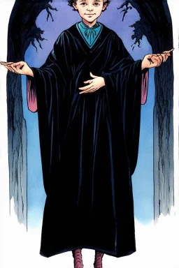 pallid 7 year old boy genie, necromancer, friendly,wearing black robes, with the lower body of a genie instead of legs, in the style of Harry Clarke