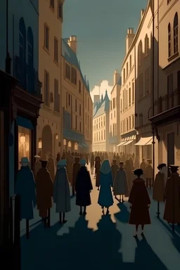 French animation arcane style. City street crowded by people with no faces
