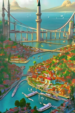 Imagine an alternate reality where Istanbul is a city of floating islands, connected by bridges made of rainbows and inhabited by whimsical characters from different folklore traditions