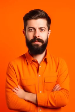 high quality photography 30 year old handsome developer man, front view, flat single color orange background