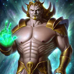 A divine being made from the combination of water and sun with cosmic powers and Dracula God-like man with infinite power who owns the galaxies and wears a beautiful crown A battle suit made of galaxies and stars with a glove that has seven endless stones with a mighty army behind him with hulk body