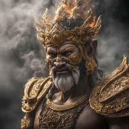 thai RAMAKIEN worrior, 3D character, Ultra detail, realistic photo, Back light, Smoke and fire, White and gold, Canon EF lens 85mm f/1.8