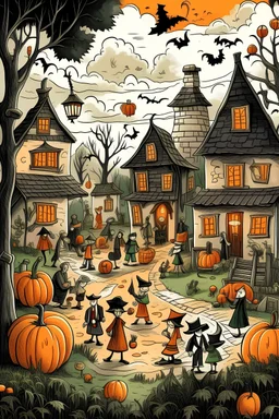portraying a lively Halloween celebration in a village. The background should be white, and the scene should include houses, trees, and people engaged in festive Halloween activities. Populate the setting with iconic Halloween elements such as pumpkins, Jack-o'-lanterns, spooky decorations, and individuals dressed in various costumes. To capture the essence of a sketch, utilize thick black lines for outlines, and ensure that there are no shadows or additional colors in the image