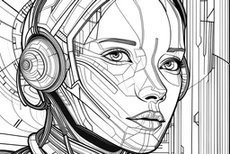 Visualize a black & white coloring book with thick contours and lines, all fitting within an 11x8.5 inch space. Portraits with a touch of futuristic elements, blending human and technological aesthetics.