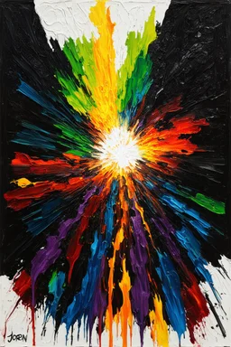 The dark before the dawn is painted in Jorn’s raw, gestural style. The jagged, white-hot big bang slicing through the darkness creates a dynamic focal point, symbolizing the relentless beginning of time. The division between creation (organic, dripping greens, yellows, and blues) and destruction (fiery, scratched reds, oranges, and blacks) sets up a cosmic tension, while the neon fractal energy strands—twisting like DNA—bridge these realms, pulsing with vibrant blues, purples, and greens. The ge