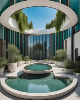 a big post modern minimalist roof garden of a tower with details, furnished , floor pattern tile , green and blue pool and pergola inspired by biophilic