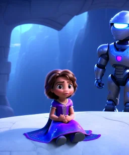 little girl sitting inside a big robot suit, white and purple