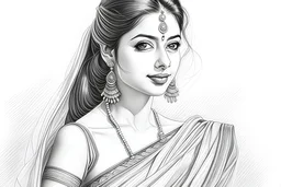 pencil sketch of a pretty girl in a saree: full