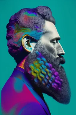 poetical, surreal minimalistic artwork, a 40 years old man with a huge beard filled with coloured musical notes, side light, side view, photorealistic, a painture in the style of Max Ernst, Renè Magritte,