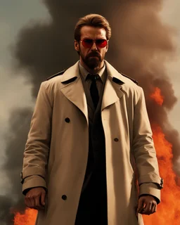 a young man with big muscles who looks like hans gruber wearing a trench coat and red sunglasses staring with an irritated look on his face standing in front of a large fire