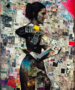 happy beautiful girl holding big proffesional camera in studio. street art, oil on canvas, spray paint, collage, letters, newspapeers, Dave McKean, Vladimir Fedotko, Saturno Butto, Vaughn Bodé, Frank Wu, James C. Christensen, collage, dirty, paint dripping, radiant