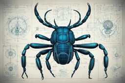 Hand drawn illustration , with detailed blueprints and engineering schematics of dark cybernetic Stag beetle, with highly detailed facial features, detailed drawings, and technical notation, 8k