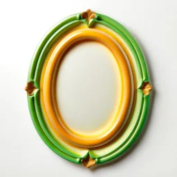 Oval picture frame in the colors mango and light green and some light orange all on a light background