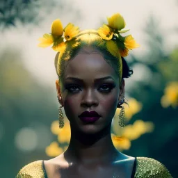 Rihanna as Aletta Ocean with yellow flowers for hair, closed eyes, rtx, reflection, 8k, glow, winning photography, caustics