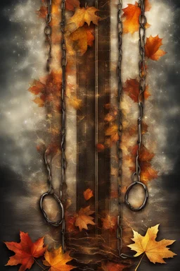 Beautiful abstract chaotic background wallpaper with autumn leaves, glass, reflections, smoke and chains, abstract and combined together