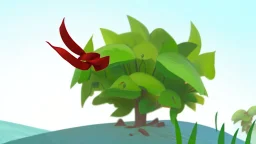 fantasy cartoon illustration: a shrub on a hill, there is a red ribbon on the shrub