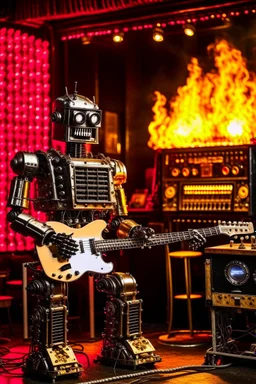 A hard rock robot hosts a radio show in a burning club