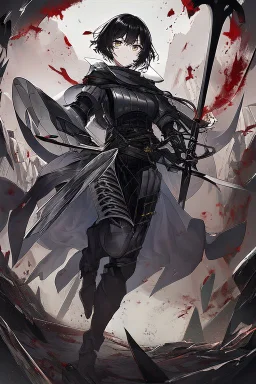 Anime girl with short black hair and sharp green eyes holding a sinister spear, full body black and white metal plate armour, full body shot, Dramatic lighting,1woman, soaked in blood,Warrior