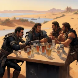 [photo by Angus Mcbride] Mad Max and friends drinking a glass at the counter of a bar outside, on a dune, over the river