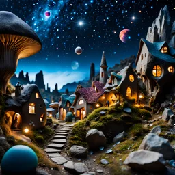 Close-up photograph of a village, naïve, people, houses, rock formations, stars and planets, animals, fungi, crystals, mineral concretions, extreme detail, intricate, volumetric light, colours, Tim Burton, Max Ernst, sparkles, bokeh