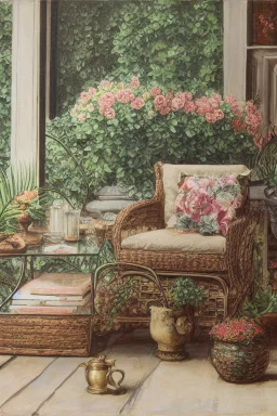 Night, twilight, a light brown wicker sofa with floral cushions, a glass-topped table in front of it, coffee steaming in a porcelain cup, and a down-turned open book next to it. Above the settee, flower bushes in planters, all on the terrace of a luxury house S<AI Nikon D850 highly detailed digital painting sharp focus elegant intricate photorealistic 4k very attractive beautiful dynamic lighting award winning fantastic view crisp quality Unreal Engine very cute cinematic postprocessing acrylic