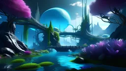 Create a visually stunning representation of the harmonious coexistence between nature and technology, blending vibrant organic elements with futuristic aesthetics. Explore the balance and synergy between the natural world and technological advancements in a way that sparks curiosity and appreciation for the beauty of both realms