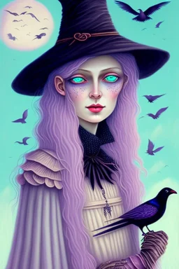 Friendly witch, playing with crows, perfect eyes, pastel colour, chalk, style Elisabeth Kreitz