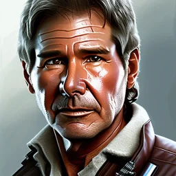 stunning photo realistic detailed head to waist portrait of harrison ford as han solo in star wars with photo realistic short hair by Sergi Cadenas, Sharp focus, brown eyes, weathered skin,space jacket from star wars,