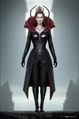 Cersei Lannister as evil queen in black leather coat, busty, cleavage, voluptuous, lena headay, angry, stern look. character design by cory loftis, fenghua zhong, ryohei hase, ismail inceoglu and ruan jia. unreal engine 5, artistic lighting, highly detailed, photorealistic, fantasy