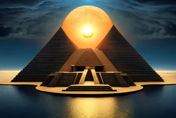 centered an extraordinary view of an otherworldly alien dark blue pyramid palace with a large sun symbol on top of it, surrounded by ocean