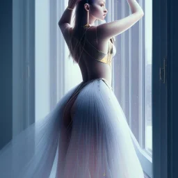 beautiful girl with very nice fashion clothing ,pretty high heels,standing next to window in a luxury room in a modern city posing to camera,full body show, 8k resolution concept art portrait hyperdetailed intricately detailed Splash art trending on Artstation triadic fullbody portrait paint,