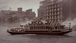 large wooden Victorian pleasure steamboat floating in the air above a city, balconies, verandas