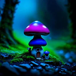 "Close up of a wonderful tiny Mushroom Tower home. blue and magenta with bright white, deep black and contrasting tones of gray. Illuminated bioluminescent forest. Professional painter, master at composition. small but detailed. broken, blurred background, voluminous lighting"