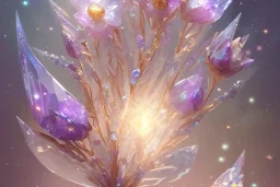 one big crystal subtle flower in a galactic ambiance with a very little beautiful fairy, transparent petals, delicate colors, in the foreground, full of details, smooth, bright sunshine，soft light atmosphere, light effect，vaporwave colorful, concept art, smooth, extremely sharp detail, finely tuned detail, ultra high definition, 8 k, unreal engine 5, ultra sharp focus