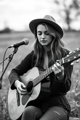 beautiful woman playing acoustic guitar in mid west blck and white old photto