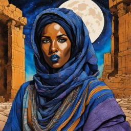 create an imaginative dynamic figure drawing of a Tuareg female, in traditional dress, with finely detailed facial features, in the ruins of Djado under the midnight sky, in the style of, Burne Hogarth, finely textured, drawn, colored, and inked