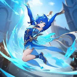 Clear focus,High resolution, Vibrant short blue hair, Vibrant blue eyes, Genshin impact inspired outfit, wearing a short skirt, kicking pose, full body