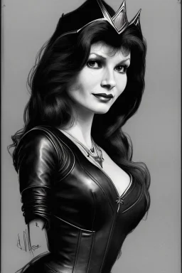 drawing of young victoria principal as evil queen in black leather, feminie, angry, stern look on her face, volouptous, busty, cleavage, emperious, mature, highly detailed, digital painting, artstation, concept art, smooth, sharp focus, illustration, art by gaston bussiere and alphonse mucha