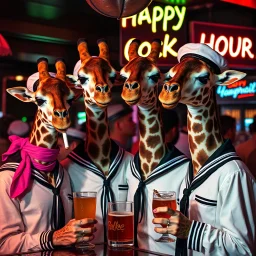 very Gay Giraffes sailors with white shirts and berets standing in a bar drinking drinks with umbrellas, pride, makeup, smoking cigaretts, smiling, sparkling eyes, very happy, after dark, pink scarf, happy hour drinks neon signs, necking, happy cock hour, pride, pride and pride
