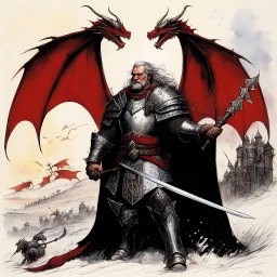 [art by Ralph Steadman] In the twilight of Romano-Britain, Uther rose as a fierce warlord bearing the red dragon standard, ruling with iron will and ambition. Bargaining with Merlin and deceiving Igraine, he sired the secret son, Arthur, destined for greatness. Uther's pride and ambition fractured the realm, leaving behind a throne and a curse. The tale of Uther, the Dragon-Blooded king, stood as a grim reminder of the perils of unchecked ambition.