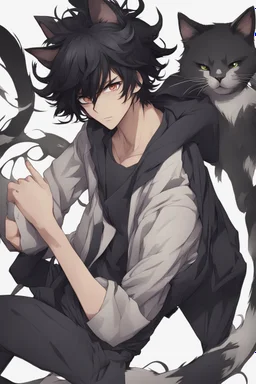 A male anime man with messy black hair, black cat ears.