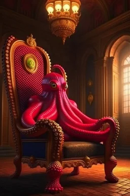 octopus smoking sigar on a throne in medieval castle, 4k, downlight, soft light, depth of field, photorealism