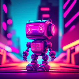 High quality, hyper detailed, 8k, photography, cute happy little robot in a neon lit city, retrowave